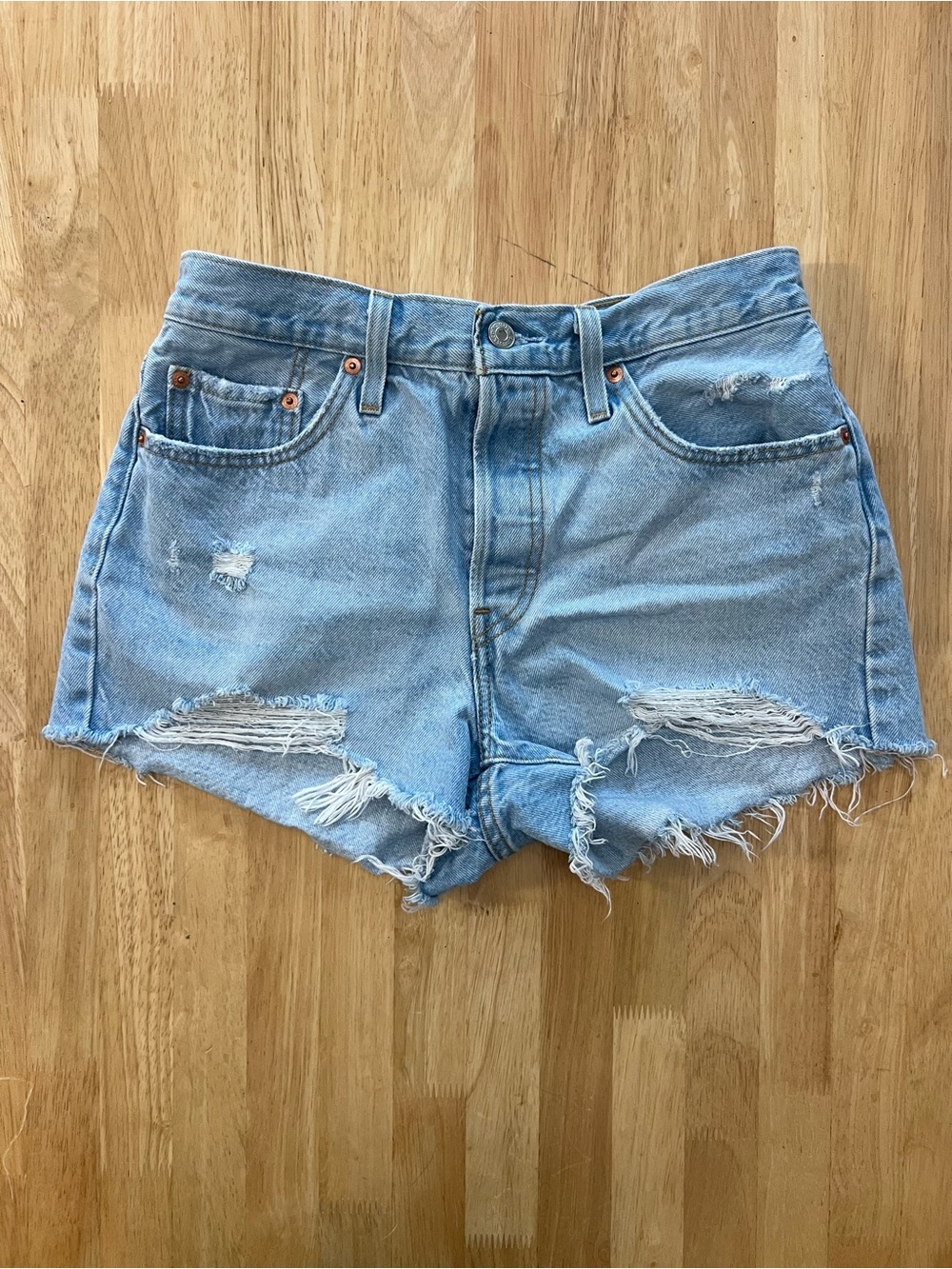 Levi’s Light Blue Distressed High-Waist Denim Shorts